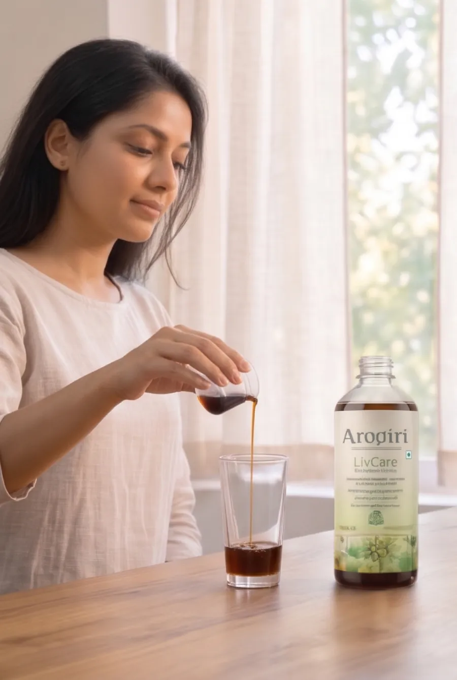 Pouring a 20 ml serving of LivCare into a glass